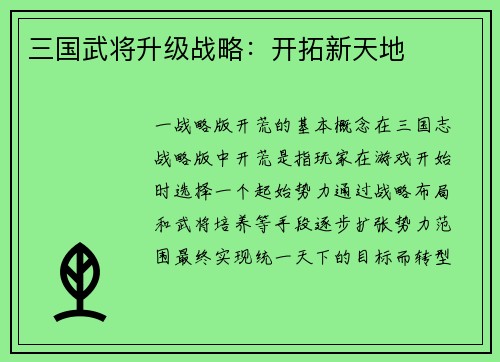三国武将升级战略：开拓新天地